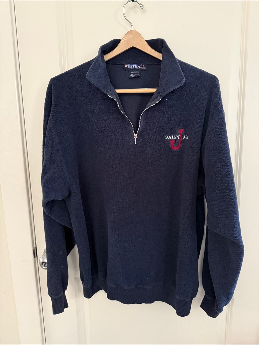 Navy Quarter-Zip Sweater with Saint Joe college logo